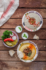 Homemade hummus and babaganoush, top view flat lay