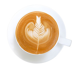 Hot coffee cappuccino latte art heart flower shape top view isolated on white background, clipping path included
