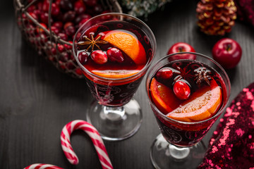 Mulled wine or hot punch with cranberries for Xmas
