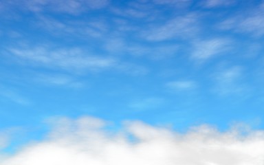 Blue sky background with white clouds. Abstraction group of clouds on clear blue sky on sunny day. 3D illustration