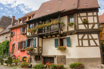 Fototapeta na wymiar Kaysersberg France 11 15 2018. French traditional half-timbered houses in Kayserberg village in Alsace, France