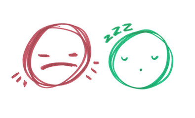 Set of two faces: tired and sleepy painted in highlighter felt tip pen on clean white background - 235476247