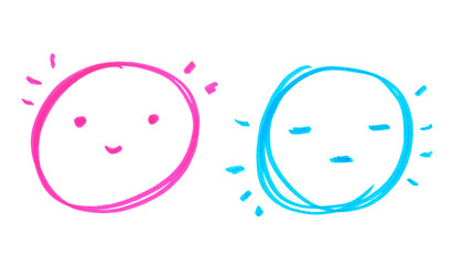 Set of two faces: happy and sad painted in highlighter felt tip pen on clean white background - 235476279