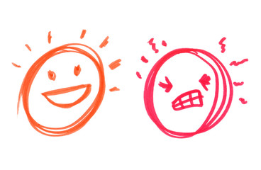 Set of two faces: cheerful and angry painted in highlighter felt tip pen on clean white background
