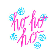 Words "ho ho ho" hand written in bright pink highlighter felt tip pen, surrounded by abstract snowflakes on clean white background
