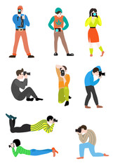 set of professional photographers of men and women who make beautiful shots from different angles, positions and places.