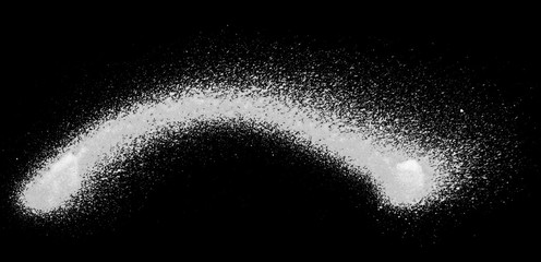 Realistic grunge graffiti spray paint effect on the black background. Isolated white ink texture.