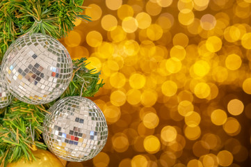Glass ball ornaments on a Christmas tree and blurred lights. with clipping path.