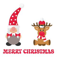 cartoon christmas dwarf girl and сhristmas deer and christmas  text
