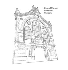 Digital hand drawn architecture sketch illustration of  Central Market, Budapest, Hungary with title isolated on white