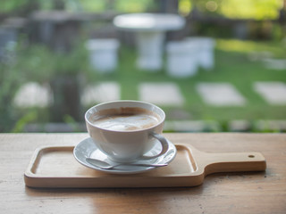 Coffee break with natural view background blurry selective focus chilling days