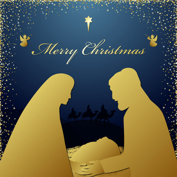 Merry Christmas religious greeting. Son of god was born spiritual biblical history. Square dark blue background, silhouette of couple and wise men characters Isolated graphic xmas icon design template
