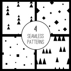 Set with 4 simple minimalistic seamless geometric pattern. Triangles, squares, rhombus. Monochrome, black and white. Trendy creative abstract shapes.