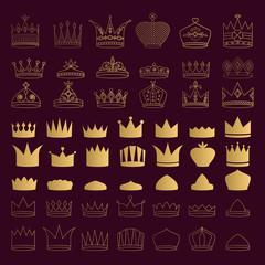 Set of golden crown icons. Vector isolated illustration. Hand drawn luxury drawing. © anatartan