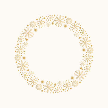 Snowflake Circle Frame. Foil Christmas Border.