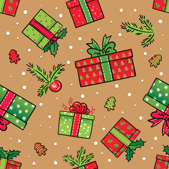 Seamless vector winter pattern with christmas gifts on craft brown color