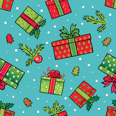 Seamless vector winter pattern with christmas gifts on blue color