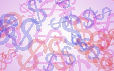 Multicolored translucent dollar signs on white background. Red tones. 3D illustration