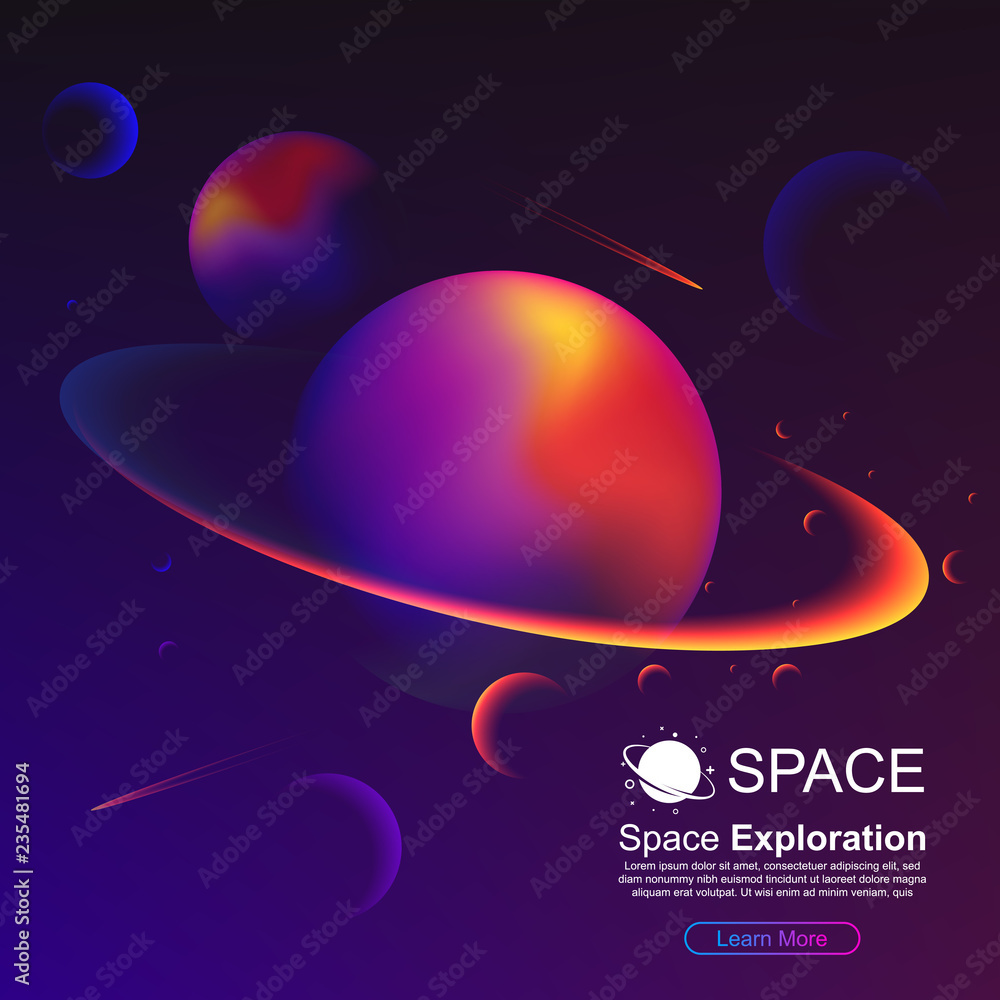 Poster vector space background with planet saturn and stars. space exploration. gradient fluid design.