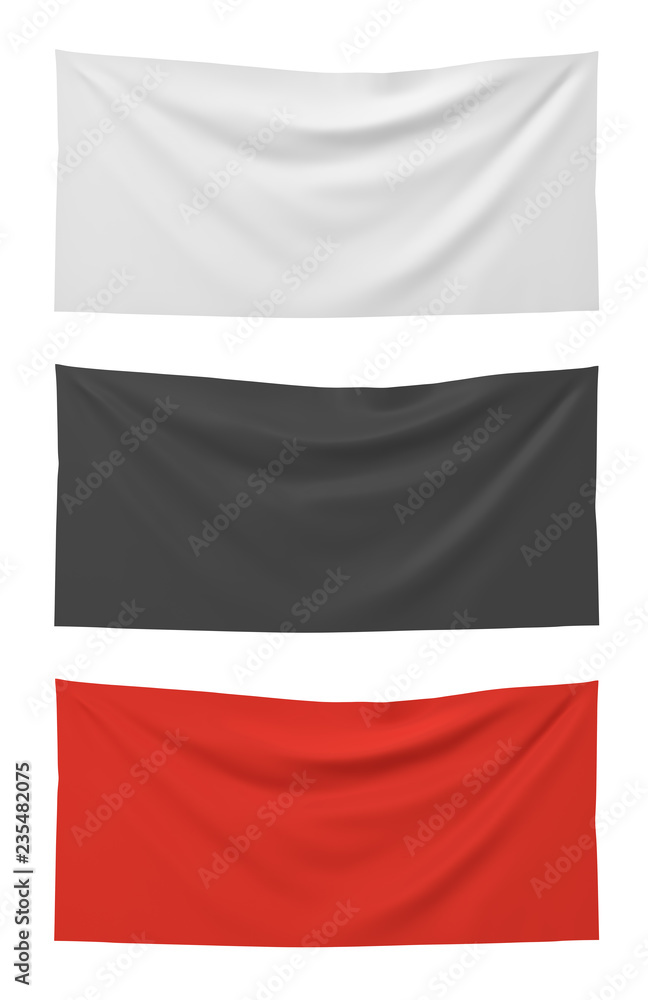 Fototapete 3d rendering of three horizontally flags of white, black and red colors hanging on a white background.