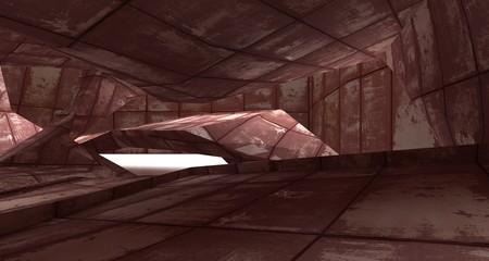 Empty  abstract room interior of sheets rusted metal. Architectural background. 3D illustration and rendering