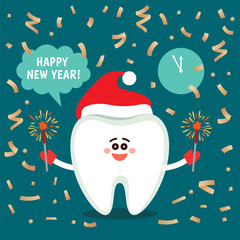 Cartoon tooth with bengal lights and confetti. Dental greeting card. Happy New Year.
