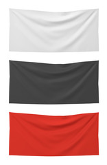 3d rendering of three horizontally flags of white, black and red colors hanging on a white background.