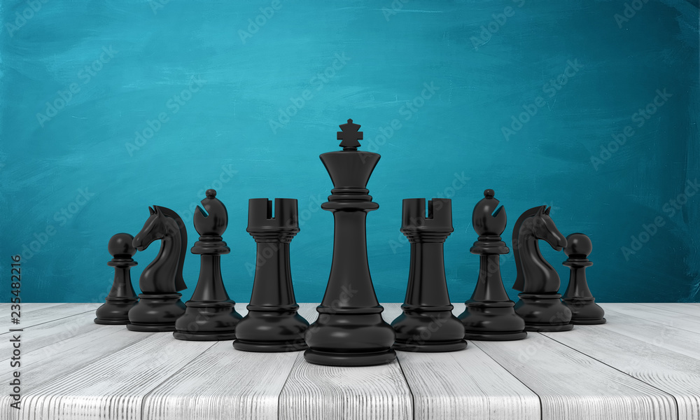 Poster 3d rendering of a set of black chess figurines standing on a wooden table.