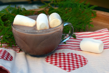 A wooden tray with cocoa drink and marshmallows stands on a wooden street table. One glass cup with cocoa. Picnic in the winter garden.