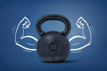 3d rendering of a large black kettlebell for 32 kg with drawn muscular arms on both sides from it.