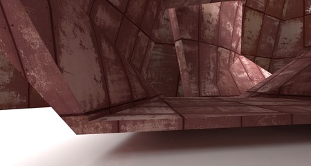 Empty  abstract room interior of sheets rusted metal. Architectural background. 3D illustration and rendering