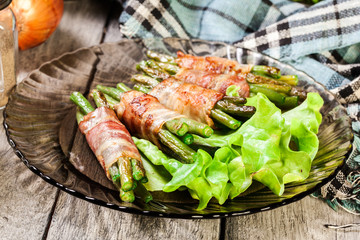 Fried green bean wrapped in smoked bacon