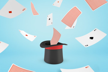 3d rendering of magician hat with flying playing cards on light blue background