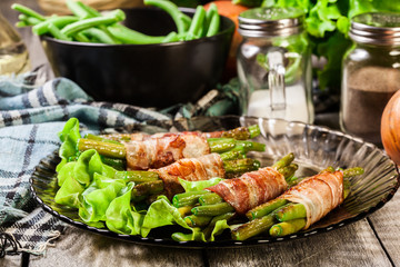 Fried green bean wrapped in smoked bacon