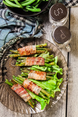 Fried green bean wrapped in smoked bacon
