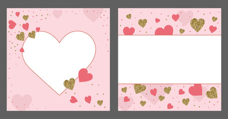 Valentine's day greeting card template. Gold and pink colors. Glitter frame. Hand drawn heart. Design for wedding. February 14