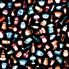Seamless pattern with different types of cookware. Can be used for textile, website background, book cover, packaging.