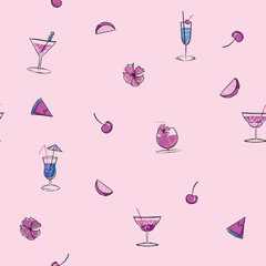Hand drawn vector summer time organic fresh fruits seamless pattern with cocktail in glass bottle jar,watermelon,lemon slice and mint leaves in rose pink colors