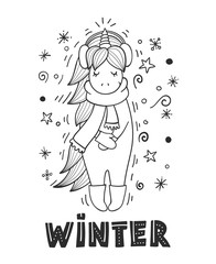 Magic unicorn with winter accessories. Winter lettering. Black and white illustration.