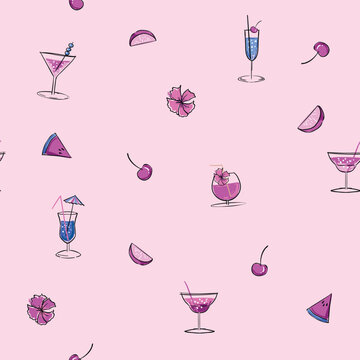 Hand drawn vector summer time organic fresh fruits seamless pattern with cocktail in glass bottle jar,watermelon,lemon slice and mint leaves in rose pink colors