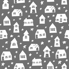 Doodle hand drawn town with plants seamless pattern. Abstract wallpaper. Vector illustration for your cute design.