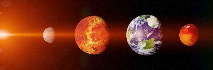 Fototapeta premium the rocky inner planets, solar system's Mercury, Venus, Earth and Mars size comparison