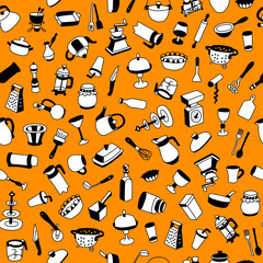 Seamless pattern with different types of cookware. Can be used for textile, website background, book cover, packaging.