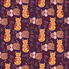 Seamless pattern with cat and dog (puppy and kitten). Domestic animals, illustration of best friends. Vector illustration for your cute design.