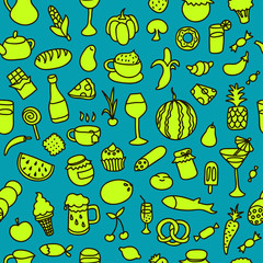 Seamless pattern with food. Hand drawn vector. Good for backgrounds, fabric, kitchen and cafe stuff.