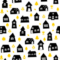 Doodle hand drawn town with plants seamless pattern. Abstract wallpaper. Vector illustration for your cute design.