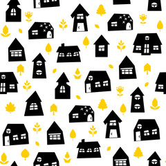 Fototapeta premium Doodle hand drawn town with plants seamless pattern. Abstract wallpaper. Vector illustration for your cute design.