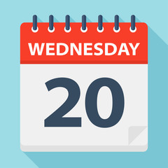 Wednesday 20 - Calendar Icon. Vector illustration of week day paper leaf.