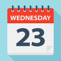 Wednesday 23 - Calendar Icon. Vector illustration of week day paper leaf.