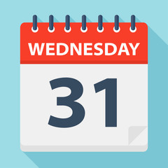 Wednesday 31 - Calendar Icon. Vector illustration of week day paper leaf.